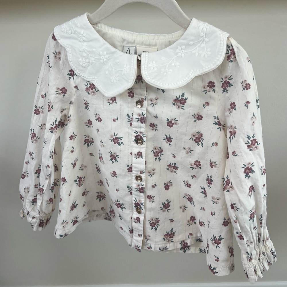 Joie Floral Girls Cream Floral Blouse with Embroidered Scalloped Collar - 3T